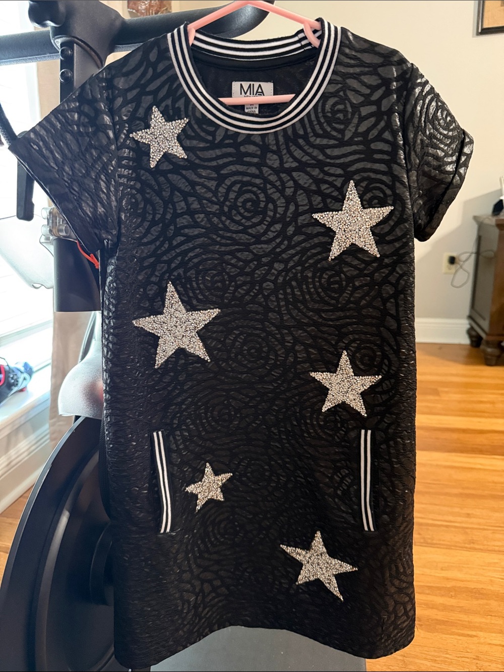 MIA Black Short Sleeve Dress with Silver Glitter Stars, Medium